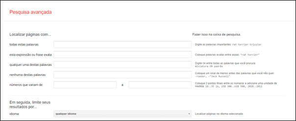 Página de pesquisa avançada do Google